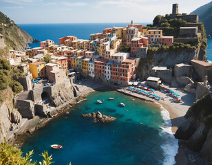 Stunning high-angle view of Vernazza, Cinque Terre, Italy, with vibrant, colorful houses built into the cliffside, clear turquoise water, and boats on the small beach.