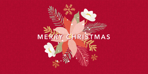 Merry Christmas greeting card, banner, poster, cover. Modern beautiful Xmas art design with hand drawn Poinsettia flowers, holly berries, fir branches, snowflakes pattern and typography.