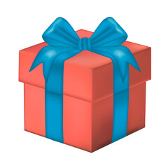 Brightly wrapped coral gift box with a blue ribbon and bow