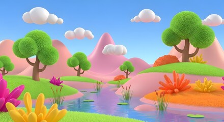 Playful 3D stylized landscape with rounded pink hills, green trees, and a winding blue river. Bubbly children's storybook environment. Lush grass and bright coral plants alongside a tranquil stream
