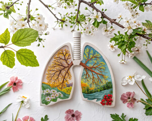 a model of human lungs with illustrations of tree branches and flowers, surrounded by actual flowers and greenery, symbolizing the connection between the body and nature.