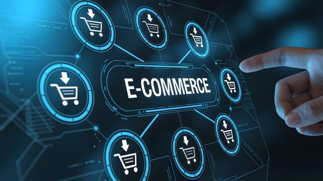 Dynamic e-commerce network visualizes digital shopping cart transactions with a finger interacting on a futuristic interface