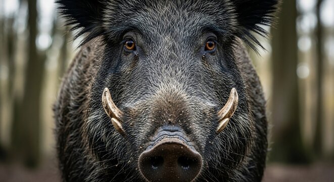 Close-up of a wild boar with large tusks in a forest setting.