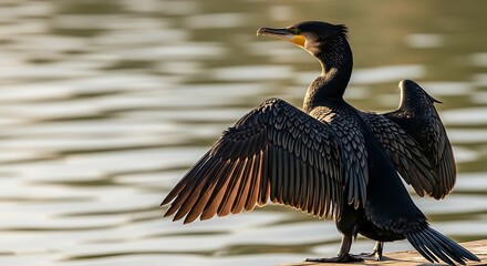 Doublecrested cormorant drying its wings in the sun on a warm summer day
