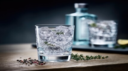Refreshing cocktail served in a clear glass over ice with herbs on a wooden table in a dimly lit bar setting