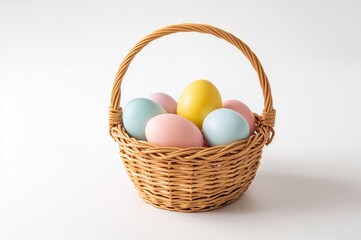 Vibrant Plastic Easter Eggs Arranged in a Woven Basket Against a White Backdrop