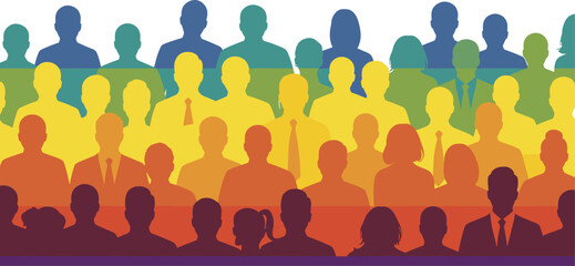 Diversity inclusion silhouettes, colorful community people, workforce unity, teamwork, equality, multicultural society, business crowd, human figures, population, social harmony, collaboration