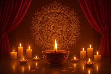 Glowing oil lamp diya on deepavali with candles and traditional mandala wall art background, a beautiful scene celebrating the festival of lights, happy diwali