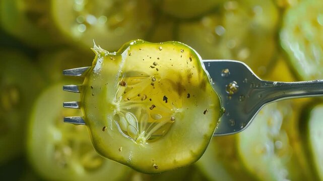A simple illustration of a fork with a slice of pickle placed on its prongs