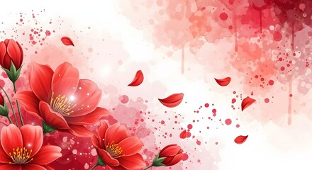 Dramatic red floral watercolor background with falling petals and paint splashes. Intense romance and passionate elegance. Close-up of bright red flowers against a vibrant, dripping artistic texture