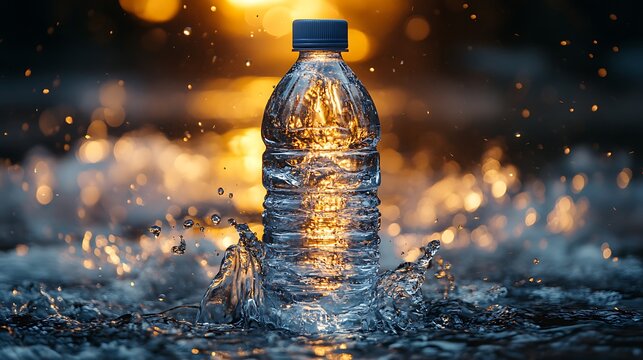 Refreshing water bottle splashing dynamically in golden sunset light, evoking purity and vitality