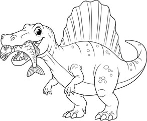 Cute Cartoon Spinosaurus Eating Fish - Black and White Line Art for Coloring Book