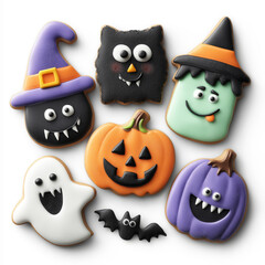  Halloween-themed cookies with ghost, pumpkin, and witch hat decorations.	