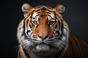 Fototapeta premium Detailed close-up of an adult tiger with a black background