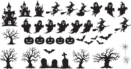 PrintHalloween silhouette icons, spooky haunted house, flying witch, ghost clipart, scary tree, bats, pumpkin face, gravestone, creepy design, black white, horror vector