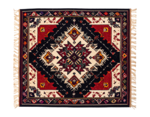 Detailed overhead shot reveals a square-shaped, intricately patterned rug showcasing a central geometric design composed of red, black, cream, and gold colors, set against a solid black background.