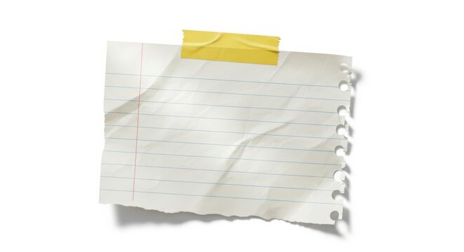 Illustration of closeup of a crumpled paper note with tape isolated on white background, ideal for messages and reminders