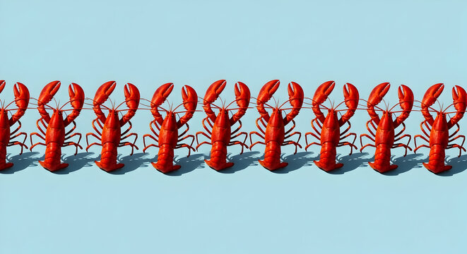 Vibrant red lobsters lined up on light blue create a striking pattern, perfect for seafood restaurant promotions or coastal themed summer events and celebrations
