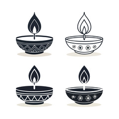 Minimal Diwali Lamp Icons – Black Candle and Oil Lamp Symbol Collection