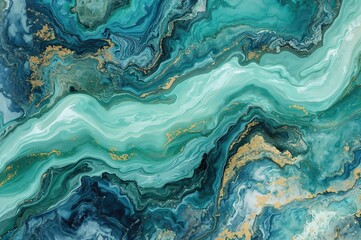 Naklejka premium Diagonal mint green waves with golden specks. Fluid artistic design. Abstract marble texture or backdrop.