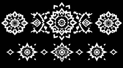 Intricate white geometric patterns arranged on a black background, showcasing symmetry and design.
