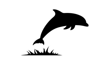 Silhouette of a dolphin leaping out of grass, depicted in black against a white background.