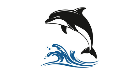 A black and white dolphin leaps out of a stylized blue ocean wave, isolated on white.