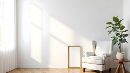 Fototapeta premium Bright Minimalist Living Room with White Armchair and Green Plant