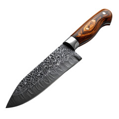 Detailed  shot showcases a kitchen knife with a patterned steel blade and a wooden handle, exhibiting fine craftsmanship against a dark background, highlighting its sharp edge and elegant design.