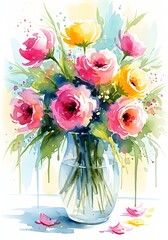 Vibrant watercolor bouquet of pink and yellow roses in a clear glass vase with splashes and drips. Springtime celebration and floral gift. Fresh, bright flowers painted with loose and energetic brushs