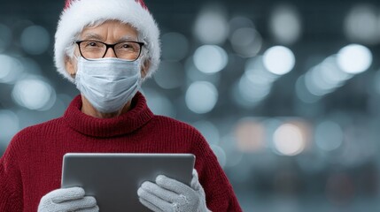 Senior woman celebrating Christmas indoors wearing face mask and using tablet festive holiday season winter joy health safety and modern lifestyle