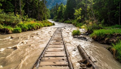Obraz premium River With Wooden Bridge Surrounded by Lush Green Wilderness