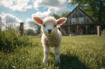 Obraz premium Adorable young lamb standing near a farmhouse