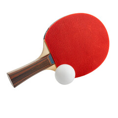 A  shot displays a ping pong paddle alongside a white ball, positioned against a solid black background.