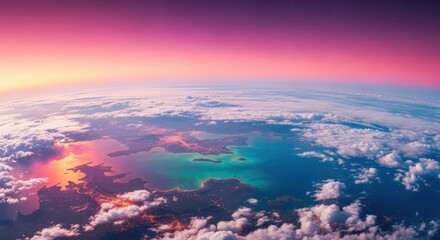 Breathtaking Aerial View of Earth with Vibrant Pink and Orange Sky at Sunrise Showcasing Coastal Regions and Cloud Formations from a High Altitude Perspective