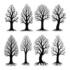 Collection of eight stylized bare winter tree silhouettes for design projects silhouette