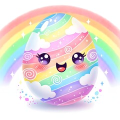 Cute kawaii rainbow Easter egg character with large sparkling eyes and cloud details. Happy holiday and spring celebration. Adorable painted egg smiling under a bright watercolor rainbow arch