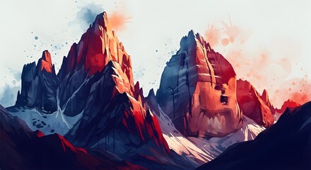 Intense watercolor painting of dramatic mountain peaks glowing in red and orange sunlight. Extreme alpine wilderness. Towering, snow-capped rock formations painted with bold, dark colors