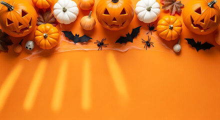 Festive Halloween Decorations Pumpkins, Spiders, Bats, and Autumn Leaves in Orange Aesthetic, Celebrating Spooky Season