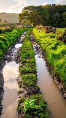 Obraz premium Tranquil Rural Pathway with Muddy Water Reflection and Green Grass