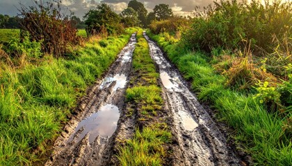 Obraz premium Tranquil Country Pathway with Muddy Tracks and Lush Green Grass