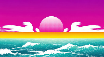A Retro Inspired Vaporwave Scene Featuring a Sunset Over the Ocean with Geometric Elements and Brush Strokes Evoking a Nostalgic and Dreamlike Atmosphere for Digital Art