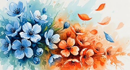 Vibrant watercolor floral background with blue and orange flowers divided by color, with floating petals. Artistic design and creative contrast. Expressive blossoms painted