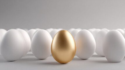 Golden egg among white eggs on clean background, concept of special talent and leadership.