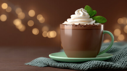 Mint in seasonal drink menu features hot chocolate in green cup topped with whipped cream and fresh mint leaves for cozy winter treat