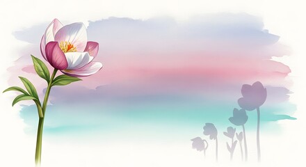 Single pink and white flower with a long stem against a soft, pastel watercolor background. Minimalist spring greeting and romance. Elegant blossom and faded silhouette of flowers on a blurry wash