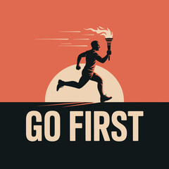 Silhouette of a determined athlete running with a flaming torch held high towards a glowing sun symbolizing achievement and the start of a new journey vector