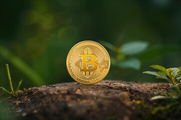 Physical Bitcoin Coin Representing Digital Currency. Outdoor Cryptocurrency Theme.