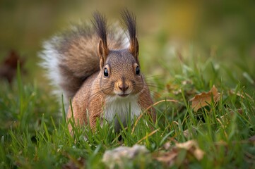 Fototapeta premium Detailed close-up of a charming squirrel amidst lush greenery