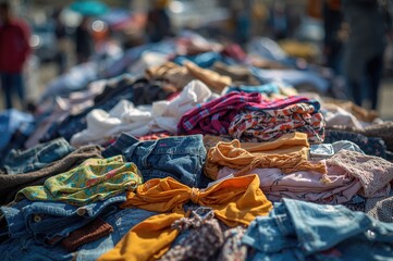 Detailed view of assorted secondhand garments displayed for sale at a market, enhanced with a filter effect